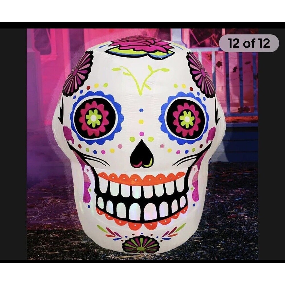 4Ft Halloween Inflatable Sugar Skull Outdoor Decoration for Yard Blow up Red Eye
